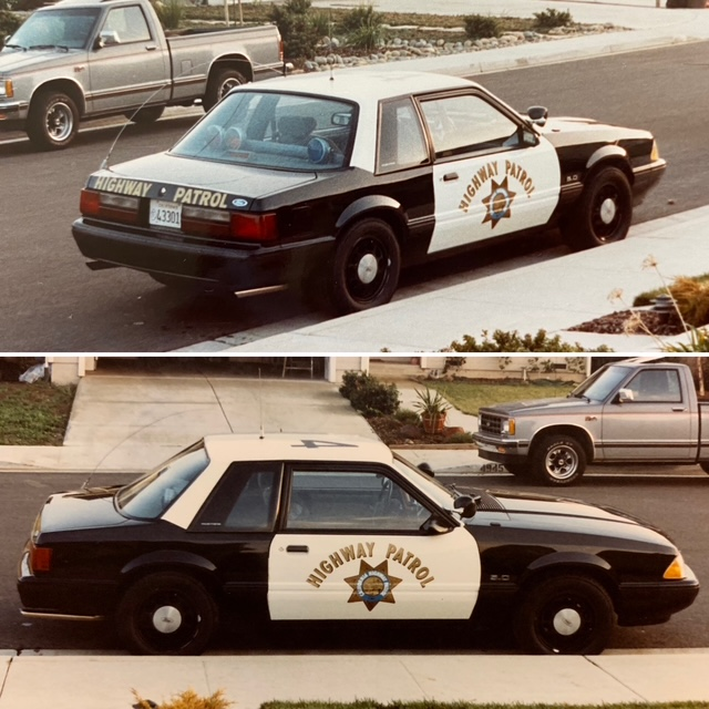 Television news footage of Champion’s CHP Mustang SSP stopped on a freeway shoulder behind a saloon car, rear-facing lights visible through the back window.